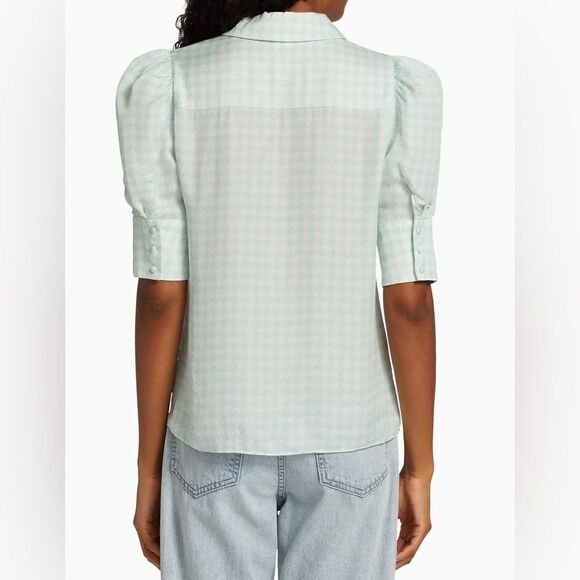 Alice + Olivia NWT Willa Houndstooth Puff Sleeve Silk Top in Julep Size L - Picture 7 of 11